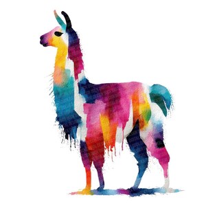 May include: A colorful watercolor painting of a llama. The llama is depicted in profile, with a vibrant mix of colors including blue, pink, yellow, and orange. The artwork has a whimsical and artistic style, set against a white background.