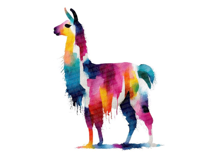 May include: A colorful watercolor painting of a llama. The llama is depicted in profile, with a vibrant mix of colors including blue, pink, yellow, and orange. The artwork has a whimsical and artistic style, set against a white background.