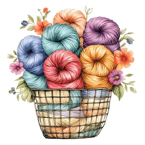 12x Wolle Korb PNG Clipart, buntes Garn mit Blumen Clip Art Set, druckbare Aquarell Kunst, digitaler Download, Fibre Arts Clipart