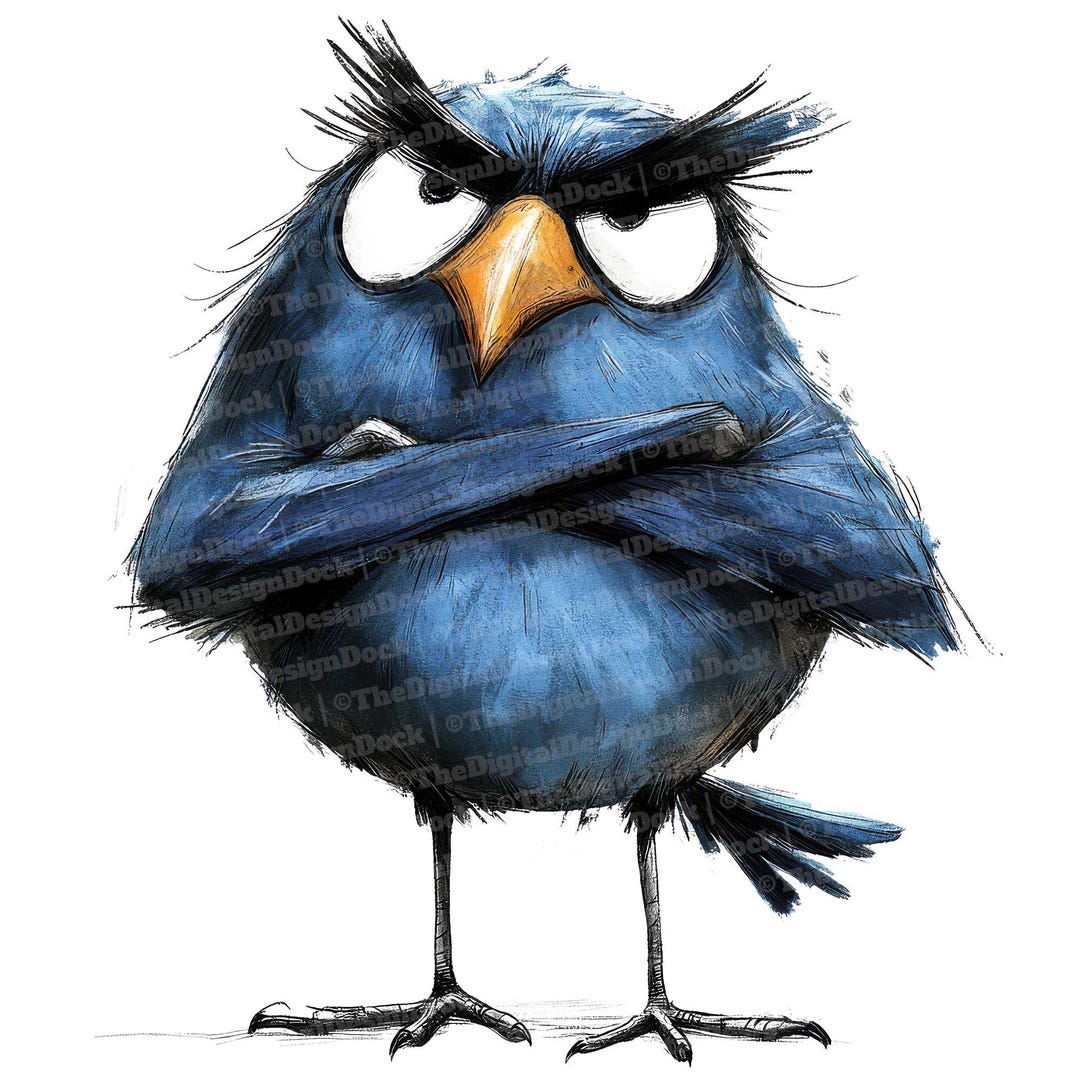 12x Quirky Bird Clip Art, Grumpy Blue Bird Watercolor, Printable ...