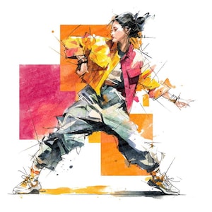 May include: Watercolor illustration of a person in a dynamic dance pose. The figure wears a yellow jacket, pink shirt, and gray pants. The background features orange and pink geometric shapes, with splashes of color.