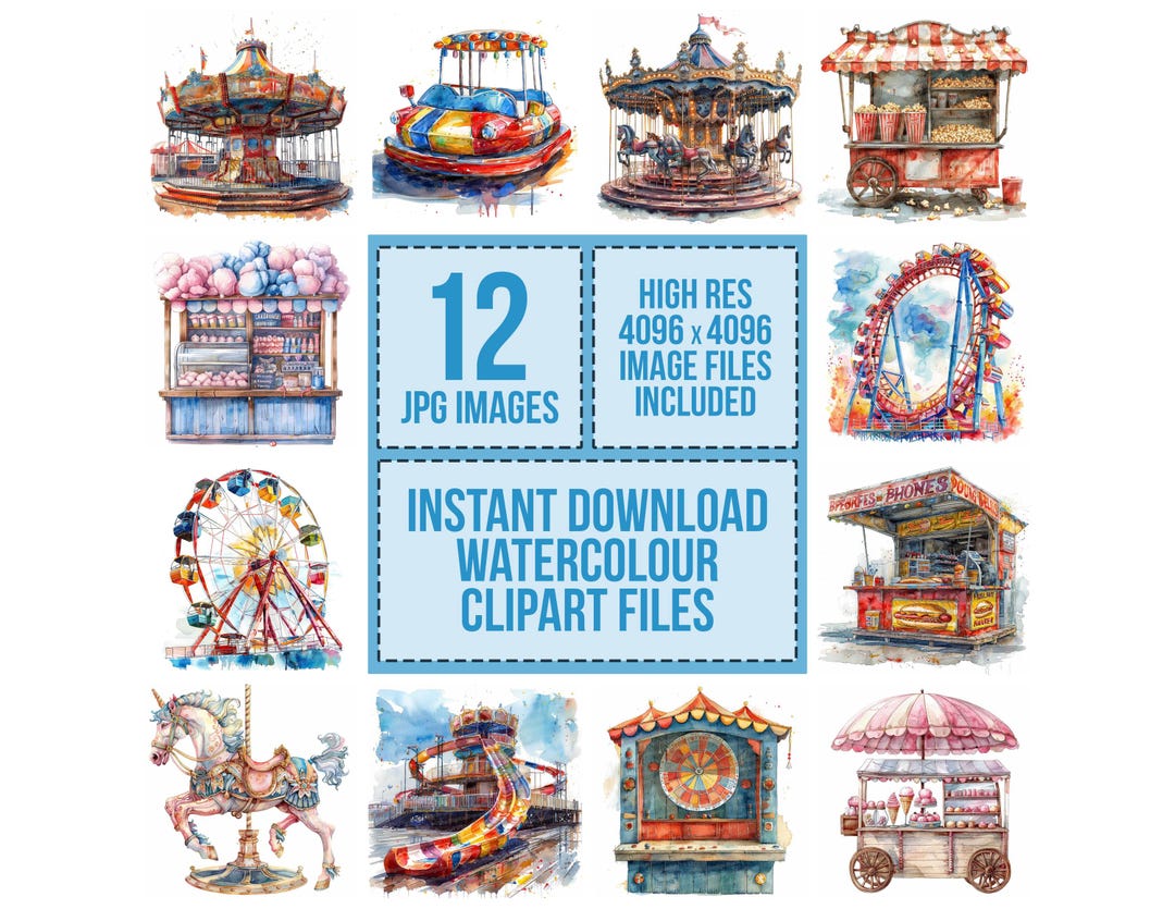 Fun Fair Ride Paper Token 12 Funfair Clipart, Carnival Rides and Stalls Clipart, Printable ...