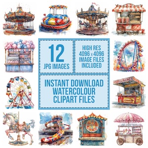 12 Funfair Clipart, Carnival Rides and Stalls Clipart, Printable Watercolor Clipart, Paper Crafts, Wall Art, Digital Download, Junk Journals