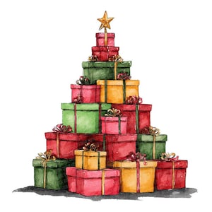 May include: A watercolour illustration depicts a Christmas tree formed from stacked gift boxes. The boxes are in red, green, and yellow, tied with ribbons. A gold star sits atop the tree. The image has a festive, holiday theme.