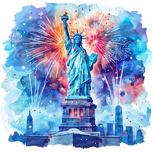 12x Estátua da Liberdade Clipart, EUA Fogos de Artifício Clipart, Clipart de Aquarela Imprimível, Arte de Parede, Artesanato em Papel, Download Digital, Diários de Lixo