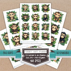 May include: Sheets of fussy cut pages featuring cartoon monkeys surrounded by green leaves. The pages include the text "300 DPI", "US Letter & A4 Sheets", "Inc. JPG + PNG Clipart", "48 PCS", and "12 PAGES".