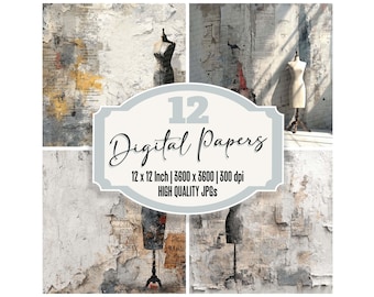 12 x Paris Dressform Junk Journal Paper Pack de papier numérique Arrière-plans de texture déchirée Papier de scrapbooking imprimable Ephemera Fashion Collage JPG
