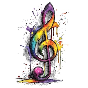 Imágenes PNG de notas musicales de neón, set de 12 imágenes prediseñadas de clave de sol en acuarela, imágenes prediseñadas imprimibles, PNG transparente, descarga digital, manualidades en papel