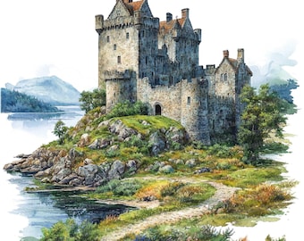 12 imágenes prediseñadas de castillos escoceses, castillos de las Tierras Altas en acuarela, imágenes prediseñadas históricas imprimibles, manualidades en papel, arte mural, descarga digital, diarios de recortes