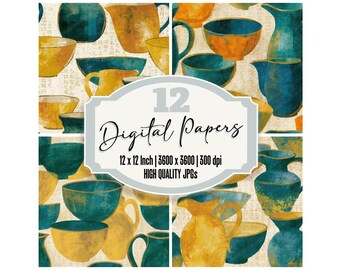 12x Seamless Gouache Pitcher Bowl Junk Journal Paper Teal Saffron Digital Paper Pack Watercolor Texture Scrapbook Paper Digital Download
