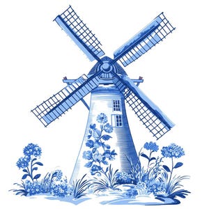 Puede incluir: Un molino de viento azul y blanco con un dise&ntilde;o floral. El molino de viento est&aacute; rodeado de flores y hierba azules y blancas.