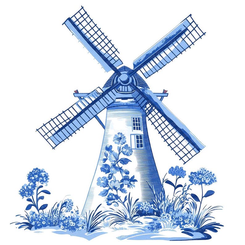 Puede incluir: Un molino de viento azul y blanco con un dise&ntilde;o floral. El molino de viento est&aacute; rodeado de flores y hierba azules y blancas.