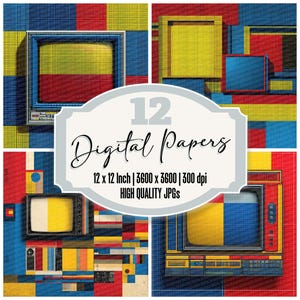 Paquete de 12 papeles digitales con diseño de cuadrícula de píxeles y textura de colores primarios, archivos JPG de alta calidad, fondo de computadora vintage.