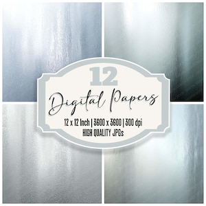 Puede incluir: Un producto de arte digital con 12 papeles digitales en tonos plateados y azules. Los papeles miden 12 x 12 pulgadas (30,48 cm) y tienen una resolución de 3600 x 3600 píxeles a 300 ppp. El producto se titula "Digital Papers".