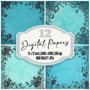 12x Turquoise Rose Frame Junk Journal Paper Floral Digital Paper Pack High Quality JPGs Scrapbook Paper Printable Paper