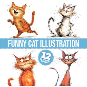 Clipart drôle de chat, 12 fichiers JPG, image imprimable chat original, illustration chaton coupé, art mural, téléchargement numérique, journaux indésirables, graphique tshirt