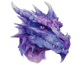 ドラゴンの頭のPNGクリップアート12点、紫色のファンタジー生物クリップアートセット、水彩クリップアート、高品質PNG、透明背景、デジタル使用