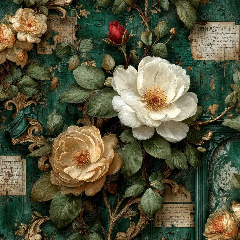 12x Emerald Cathedral Junk Journal Paper Vintage Rose Botanical Digital ...