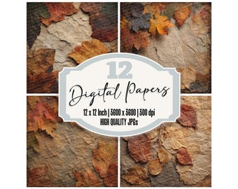 May include: A digital art collection featuring 12 high-quality JPGs. The images showcase a stone texture background with scattered autumn leaves in shades of brown, orange, and yellow. Each paper is 12 x 12 inches.