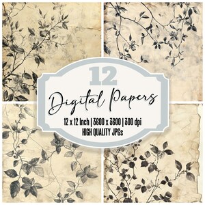 Antique Botanical Digital Paper Pack, Junk Journal Paper, Aged Floral Texture, High Quality JPGs, Printable Backgrounds, Digital Download