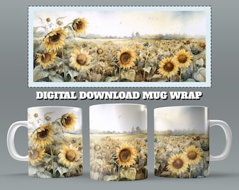 Sunflower Mug Wrap, 11oz & 15 Oz Mug Sublimation Design, Watercolor Flower Mug Wrap, Mug Wrap, Mug Sublimation, 11oz Mug Png, 15oz Mug PNG