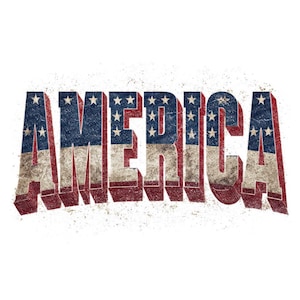 Könnte beinhalten: Das Wort "AMERICA" in 3D, im Used-Look, mit den Farben und Sternen der amerikanischen Flagge. Die Buchstaben sind rot, weiß und blau, mit einem strukturierten, gealterten Aussehen, vor weißem Hintergrund.