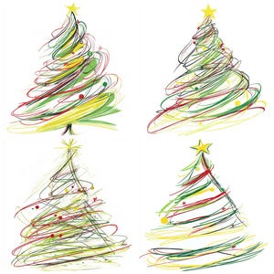 Puede incluir: Cuatro ilustraciones abstractas de &aacute;rboles de Navidad sobre un fondo blanco. Cada &aacute;rbol est&aacute; representado con l&iacute;neas coloridas y arremolinadas en verde, amarillo y rojo, coronado por una estrella amarilla. El estilo es caprichoso y festivo.
