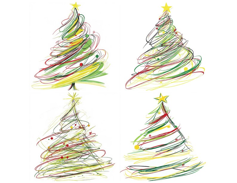 Puede incluir: Cuatro ilustraciones abstractas de &aacute;rboles de Navidad sobre un fondo blanco. Cada &aacute;rbol est&aacute; representado con l&iacute;neas coloridas y arremolinadas en verde, amarillo y rojo, coronado por una estrella amarilla. El estilo es caprichoso y festivo.