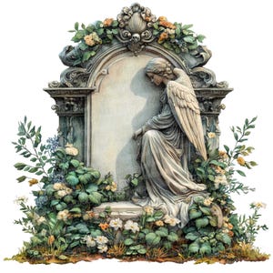 12 Angel Memorial clipart, bloemen grafsteen clipart, afdrukbare aquarel clipart, papier ambachten, kunst aan de muur, digitale download, ongewenste tijdschriften