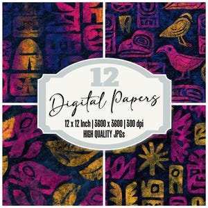 May include: A set of 12 digital papers featuring dark blue backgrounds with vibrant pink and yellow graphic patterns of birds, suns, and abstract shapes. The central label displays the text 12 Digital Papers, 12 x 12 Inch, 3600 x 3600, 300 dpi, HIGH QUALITY JPGs.