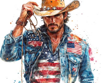 May include: A watercolor painting of a person wearing a denim jacket with an American flag design and a cowboy hat. The person is holding a rope in their hand.