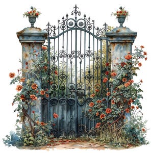 Wrought Iron Garden Gate Clip Art, 12x Vintage Floral Gate Art Set, Printable Watercolor Clip Art, JPG Digital Download, Transparent PNG