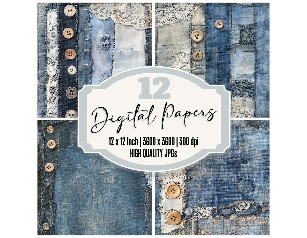 12x Denim & Lace Junk Journal Paper, Vintage Digital Paper Pack ...