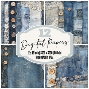 12x Denim & Lace Junk Journal Paper, Vintage Digital Paper Pack,Distressed Fabric Textures,Scrap Paper,Digital Download,Scrapbook Background