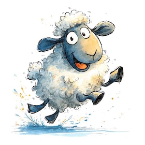 May include: A watercolor illustration of a cheerful sheep leaping. The sheep has a fluffy white body, blue face and legs, and a wide, happy grin. Water splashes around its hooves, suggesting movement and joy.