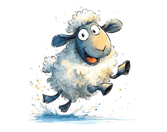 Op de afbeelding: Een aquarel illustratie van een vrolijk springend schaap. Het schaap heeft een pluizig wit lichaam, een blauw gezicht en poten, en een brede, vrolijke grijns. Water spettert rond zijn hoeven, wat beweging en vreugde suggereert.