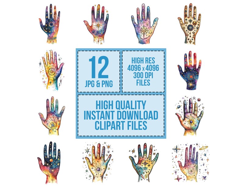 12 Palmistry Hand PNG Clip Art, Starry Hand Clipart, Watercolor Hand ...