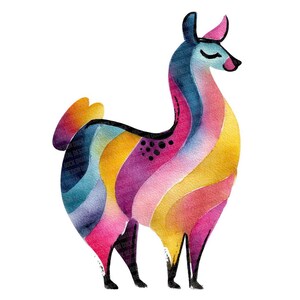 May include: A colorful watercolor illustration of a llama. The llama is depicted with a rainbow of colors, including blue, yellow, pink, and purple. The llama has closed eyes and black legs.