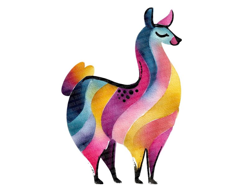 May include: A colorful watercolor illustration of a llama. The llama is depicted with a rainbow of colors, including blue, yellow, pink, and purple. The llama has closed eyes and black legs.