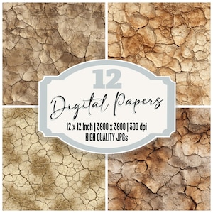May include: A digital art composition featuring four panels of textured, cracked earth patterns in shades of brown and tan. A central label reads "12 Digital Papers" with dimensions and resolution details.