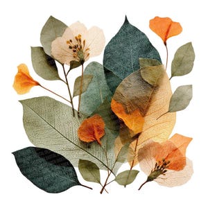 Pode incluir: Ilustração em aquarela de flores e folhas secas em tons de laranja, verde e bege. O arranjo apresenta pétalas delicadas e intrincadas veias das folhas, em um fundo branco. A obra de arte evoca uma sensação de natureza e beleza botânica.