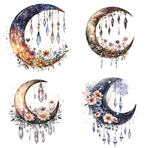 May include: Four watercolor illustrations of crescent moons with floral embellishments and dangling crystals. Each moon has a different color scheme and floral design.