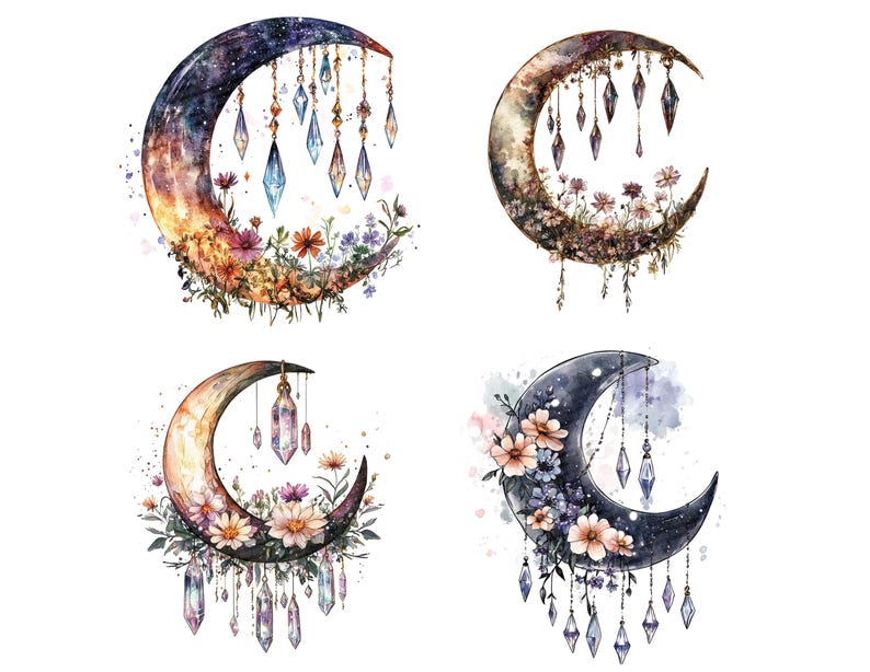 May include: Four watercolor illustrations of crescent moons with floral embellishments and dangling crystals. Each moon has a different color scheme and floral design.
