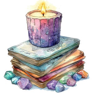 May include: A purple candle with a yellow flame sits atop a stack of tarot cards. The cards are arranged in a rainbow pattern and have a variety of images on them. There are also several small, colorful stones scattered around the base of the stack.
