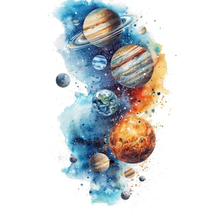 Planète Clipart, 12 JPG, clipart système solaire, clipart aquarelle imprimable, créations en papier, art mural, téléchargement numérique, journaux indésirables