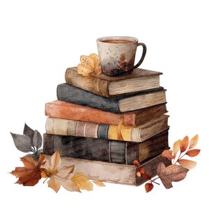 K&ouml;nnte beinhalten: Aquarellillustration eines Stapels alter B&uuml;cher mit einer Kaffeetasse. Herbstbl&auml;tter in Braun-, Orange- und Graut&ouml;nen umgeben die B&uuml;cher und schaffen ein gem&uuml;tliches, saisonales Thema.