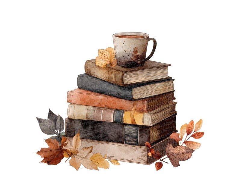 K&ouml;nnte beinhalten: Aquarellillustration eines Stapels alter B&uuml;cher mit einer Kaffeetasse. Herbstbl&auml;tter in Braun-, Orange- und Graut&ouml;nen umgeben die B&uuml;cher und schaffen ein gem&uuml;tliches, saisonales Thema.