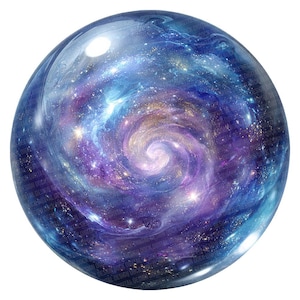 Puede incluir: Un pisapapeles esférico de vidrio transparente con un diseño de galaxia arremolinada. La obra de arte presenta tonos de azul, morado y dorado, con una espiral central brillante. El diseño evoca una sensación de asombro cósmico.