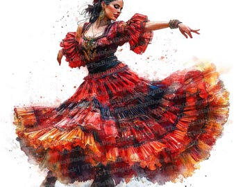 12 フラメンコ ダンサーの水彩画クリップアート、スペインの女性