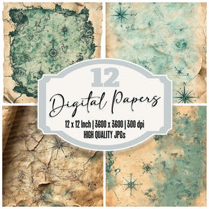 12x Vintage Treasure Map Junk Journal Paper Pack,Antique Pirate Map Digital Paper,Old World Nautical Backgrounds,Scrapbook,High Quality JPGs